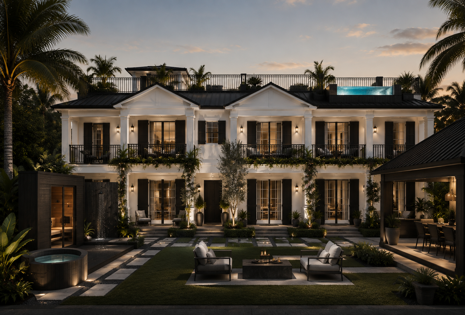 Boutique hospitality residence at dusk